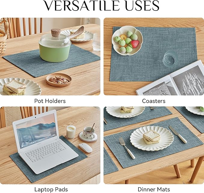 Softalker Faux Linen Placemats Set of 6-12 x 18 Inch, Heat Resistant Double Layered Durable Burlap Farmhouse Place Mats, Non-Slip Washable Rustic Table Mats for Dining, Kitchen, Party（Light Blue