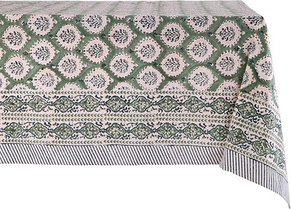 ATOSII Kari Green 100% Cotton Rectangle Boho Summer Tablecloth, Block Print Floral Table Cloth Linen for Dining, Parties, Wedding, Outdoors Home Decor 60 X 108 Inches I 8 Seater I