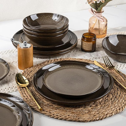 AmorArc Ceramic Dinnerware Sets,Handmade Reactive Glaze Stoneware Plates and Bowls Sets,Highly Chip and Crack Resistant | Dishwasher & Microwave Safe Dishes Set,Service for 4 (12pc)