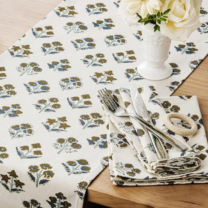 Block Print Floral Decorative Table Runners, 13x60 Inch Brown | 100% Organic - Image 2
