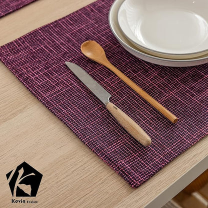 Kevin Textile Burlap Linen Placemats Set of 4 Heat Resistant Dining Table Place Mats Washable Kitchen Table Mats, 13 x19 inches, Red Purple
