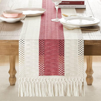 Macrame Style Bicolor Stitching Table Runner 14x48in Dusty Rose | Woven Boho - Image 2