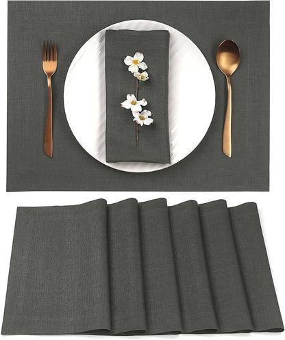 D'Moksha Homes Linen Charcoal Grey Placemats Set of 6-100% Pure Linen Placemats 14 x 19 Inch for Spring, Easter - Handcrafted and Machine Washable