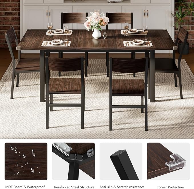 iPormis 7 Pieces Dining Table & Chairs Set for 4-6, 63" Extendable Kitchen Table and 6 Chairs, Dining Room Table with MDF Board & Metal Frame, Perfect for Small Space, Easy Clean, Espresso