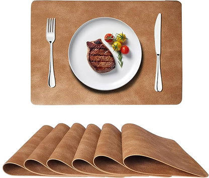Cowhide Pattern PU Leather Placemats Set of 6 Heat Resistant Kitchen Table Mats, Non-Slip Dining Table Decorations, Double-Sides Waterproof Wipeable Place mats(Camel)