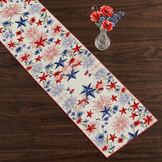 Patriotic Stars Table Runner Independence Day Linen Style Celebration Design - Image 4