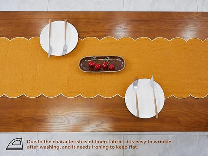 100% Natural Linen Rustic Scalloped Embroidery Table Runner 90 Inches Long - Image 4