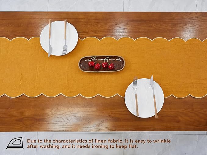 100% Natural Linen Rustic Scalloped Embroidery Table Runner 104 Inches Long - Image 4