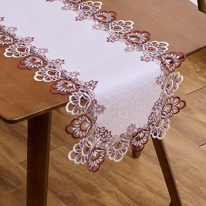 White Burgundy Jacquard Lace Table Runner 72 inches Dresser Scarf | French by Raedan