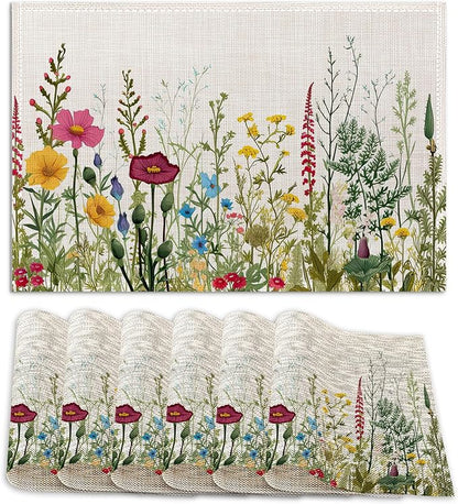Set of 6 Washable Herbs and Wild Flowers Placemats Non-Slip Heat-Resistant 12x18 Inch Thick Decorative Linen Table Mats for Dining Table Home Décor
