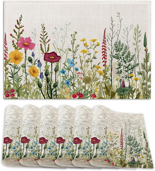 Set of 6 Washable Herbs and Wild Flowers Placemats Non-Slip Heat-Resistant 12x18 Inch Thick Decorative Linen Table Mats for Dining Table Home Décor