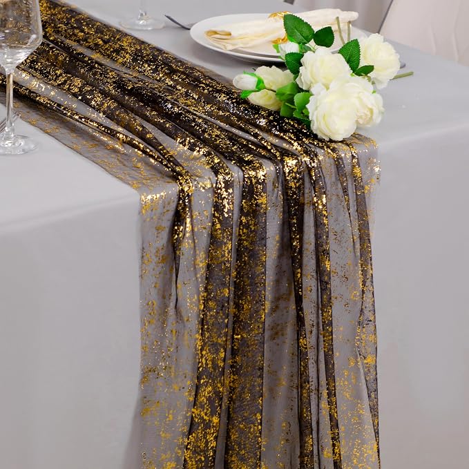 Snowkingdom Black and Gold Cheesecloth Table Runner 10 FT, Sheer Chiffon by Snowkingdom