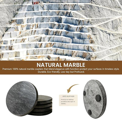 Natural Marble Coasters, Round Costers, Luxury Aesthetic Modern Decor for Coffee Table Bar Kitchen Home, Grey Marble, Real Natural Semi Absorbent Stone Coasters
