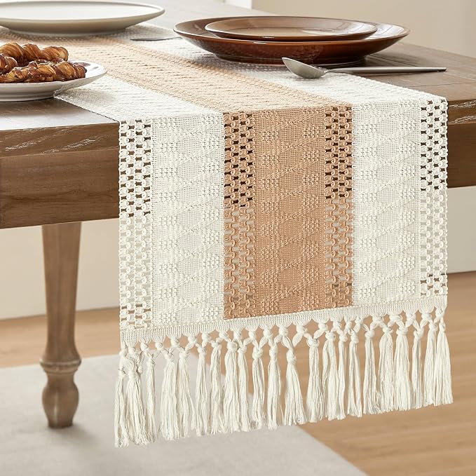 Macrame Style Bicolor Stitching Table Runner 14x90in Beige | Woven Boho Table by ZEEMARTONLINE