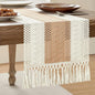 Macrame Style Bicolor Stitching Table Runner 14x60in Beige | Woven Boho Table by ZEEMARTONLINE