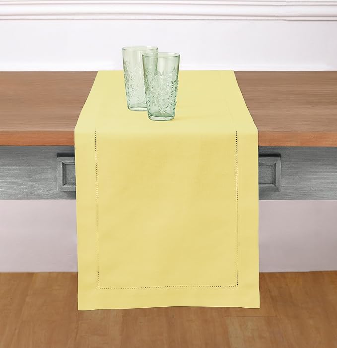 Solino Home Cotton Linen Dining Table Runner Yellow Hemstitch, 14 x 90 in | by SolinoHome