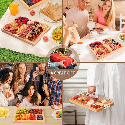 Charcuterie Board with Lid and Handle - Portable Travel Design Bamboo Cheese Board Set with 4 Cheese Tools, Gift for Housewarming, Weddings, Picnics(6 Compartments, White)