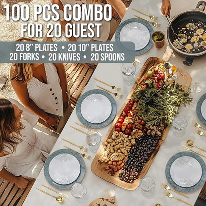 Trendables Fancy Plastic Dinnerware Sets 100 Pc Set 20 Guests Gold Silverware Disposable 20 X 10 Inch Charger Plates 20 X 8 Inch Dessert Plates 20 x Gold Plastic Forks and Spoons Knives In Aleh