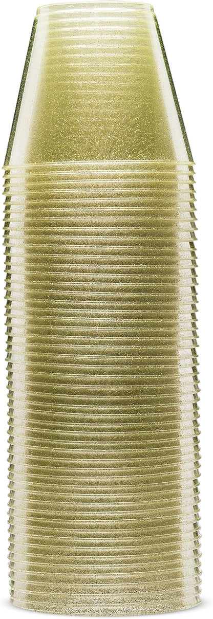 100 Glitter Plastic Cups - 9 Oz Clear Plastic Cups Old Fashioned Tumblers -Gold - Image 5