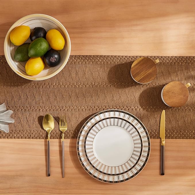 Macrame Style Boho Table Runner, 12x36 Inch Caramel | Woven Boho Table Runner - Image 4