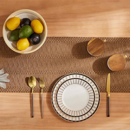 Macrame Style Boho Table Runner, 12x60 Inch Caramel | Woven Boho Table Runner - Image 4