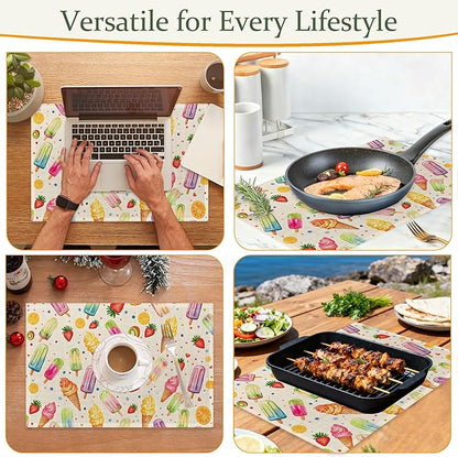 Summer Ice Cream Cloth Placemats,Fruits Popsicle Heat-Resistant Table Placemats Set of 6, Washable Linen Place Mats for Dining Room Table Decor Home Restaurant Cafes Holiday Party 11.8x17.7 Inch