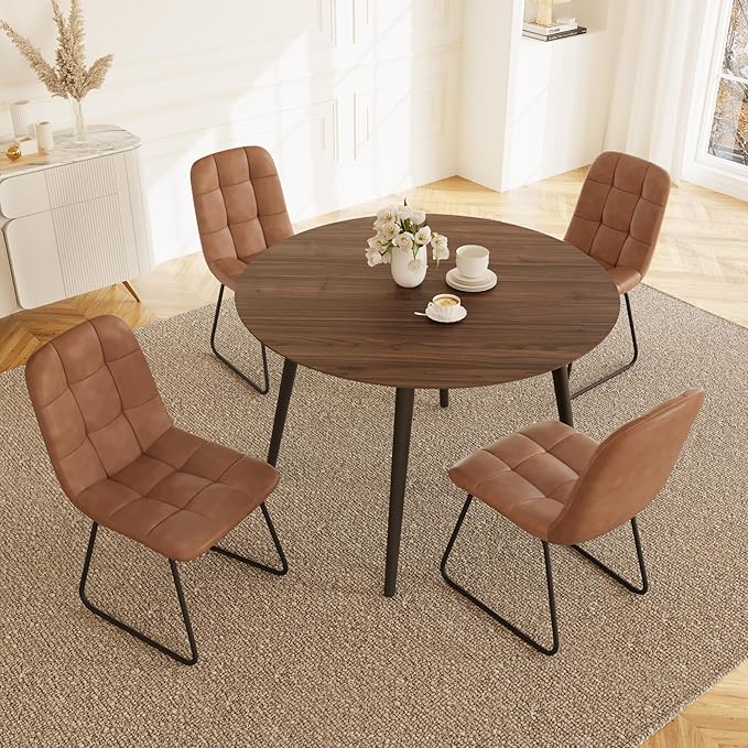 43.3 Inch Round Dining Table Set for 4, Modern Small Kitchen Coffee Set for Dining Room Kitchen Apartment (Walnut Table+4 U-Shaped Brown Chairs)