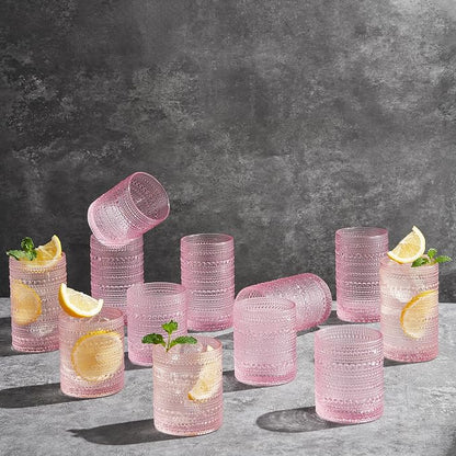 Khen Hobnail Beaded Highball Drinking Tumbler Glasses | Set of 12 | Pink Blush - Image 6