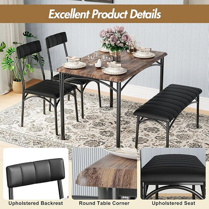 Dining Table Set for 4, Rectangular Kitchen Table and Chairs Set of 4 for Small Spaces, Modern Dining Room Table Set with Upholstered Bench and 2 Chairs, Space Saving Dining Furniture for Apartments