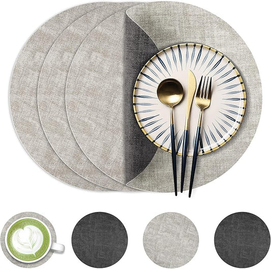 13-Inch Faux Leather Round Placemats Set of 4, Waterproof Anti-Slip Dual Sided Place mats, Heat Resistant Washable Table Mats with Coaster, Suitable for Indoor & Outdoor (4, Black Light Gray)