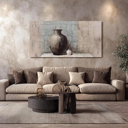Abstract Wall Art Vintage Vase Still Life Textured Oil Painting Style Canvas Painting Framed Blue Gray Brown Wall Decor Rustic Artwork，Suitable for Decorating Living Rooms, Bedrooms, Dining Rooms, and Home Offices 20"X40"