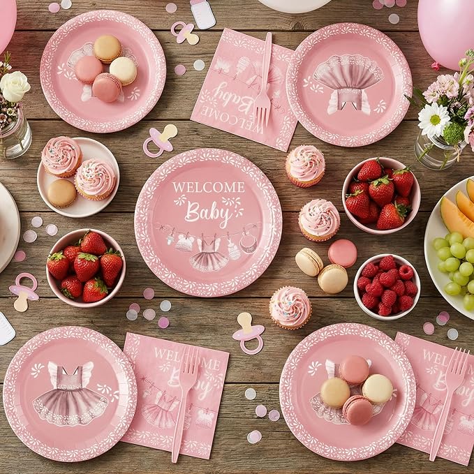 96Pcs Pink Platos De Barro Mexicanos Baby Shower Party Plates Supplies Welcome - Image 5