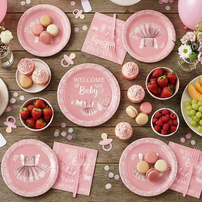 96Pcs Pink Platos De Barro Mexicanos Baby Shower Party Plates Supplies Welcome - Image 5
