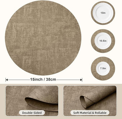 15 inch Faux Leather Round Placemats Set of 4 Non-Slip Washable Wipeable Table Mats, Heat Resistant Waterproof Oilproof Light Coffee Place Mats for Kitchen, Dining, Party, Indoor, Outdoor