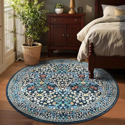 GarveeHome Dark Blue Floral 6 ft Round Rug Washable Non-Slip Soft Low Pile Small Circle Carpet Vintage Rugs for Kitchen Bedroom Nursery Dining Living Room