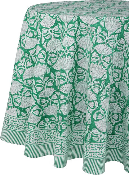 ATOSII Meadow Green 100% Cotton Summer Round Tablecloth, Block Print Table Cloth for Dining, Weddings, Outdoors, Parties I Grand Millenial Farmhouse Coastal Boho Home Decor 72" Inches 4 Seater