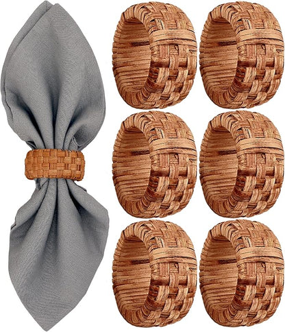 ALPHA Living HOME 6 Pcs Boho Rattan Woven Napkin Rings, Farmhouse Water Hyacinth Wooden Rustic Napkin Rings Holders for Table Wedding Decor Home and Kitchen Décor (Brown)