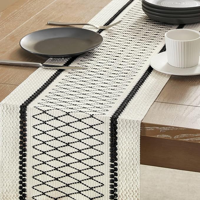 Macrame Style Bicolor Stitching Table Runner, 12 x 48 Inch Black Grid/Ivory - Image 4