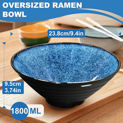 9.4-Inch 4 Sets Ceramic Ramen Bowl (16 Piece) - Japanese Porcelain Dishwasher Microwave Safe Salad Noodles Cereal Pasta Soup Large Bowls with Chopsticks Forks Spoons for Men Women Housewarming Gift