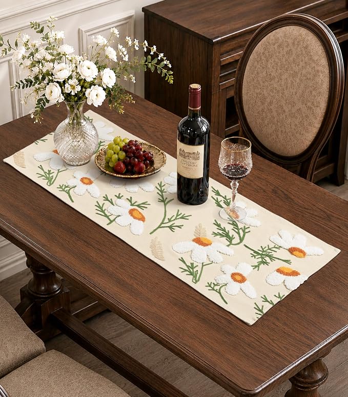Canvas Embroidered Narrow 13"x 48" Table Runner, Rustic texture, Machine by Kokaaee