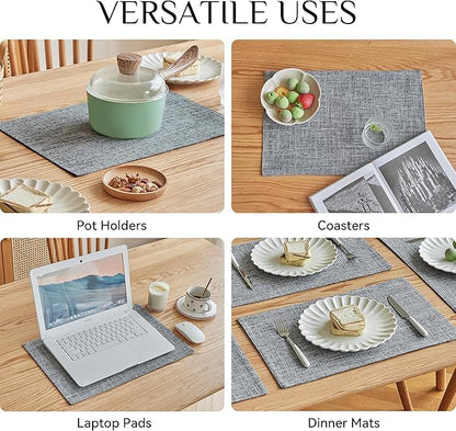 Softalker Faux Linen Placemats Set of 8-12 x 18 Inch, Heat Resistant Double Layered Durable Burlap Farmhouse Place Mats, Non-Slip Washable Rustic Table Mats for Dining, Kitchen, Party（Light Grey