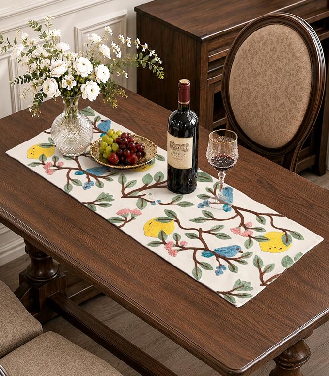 Canvas Embroidered Narrow 13"x 36" Table Runner, Lemon Bird | Exquisite by Kokaaee