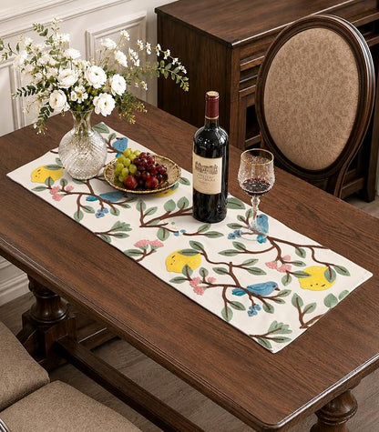 Canvas Embroidered Narrow 13"x 36" Table Runner, Lemon Bird | Exquisite by Kokaaee