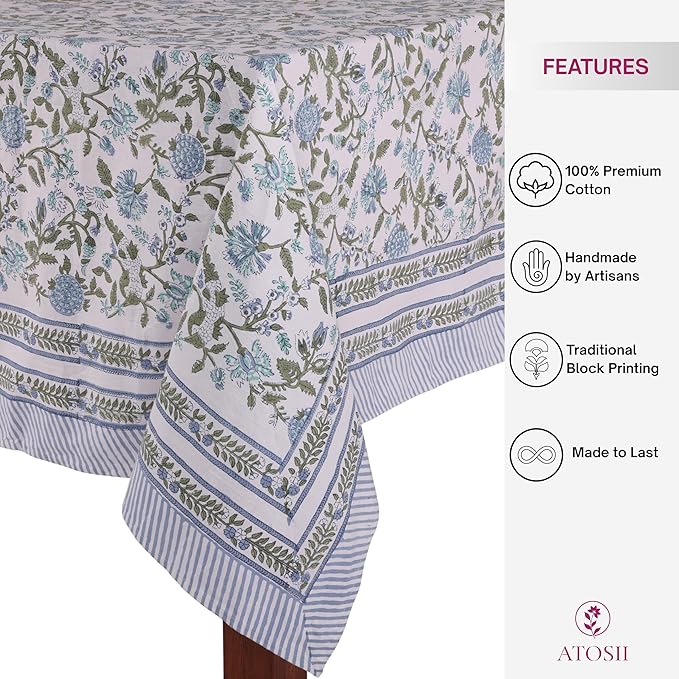 ATOSII Mahoka Blue 100% Cotton Square Fall Tablecloth, Handblock Floral Linen Table Cloth for Kitchen Dining Table I Parties Weddings Outdoors Easter Valentine's Gift I 60 X 60 Inches I 4 Seater