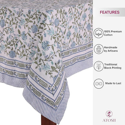ATOSII Mahoka Blue 100% Cotton Rectangle Spring Tablecloth, Handblock Floral Linen Table Cloth for Kitchen Dining Table I Parties Weddings Outdoors Easter Home Decor 72 X 140 Inches I 12 Seater