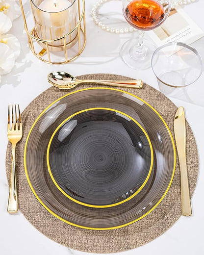 Morejoy 60Pcs Black Plastic Plates,Black Disposable Plates With Gold Rim,Heavy-duty Gold plate, Modern swirl design Plate Include 30 Dessert-plates,30Dinner-plates for Party,New Year