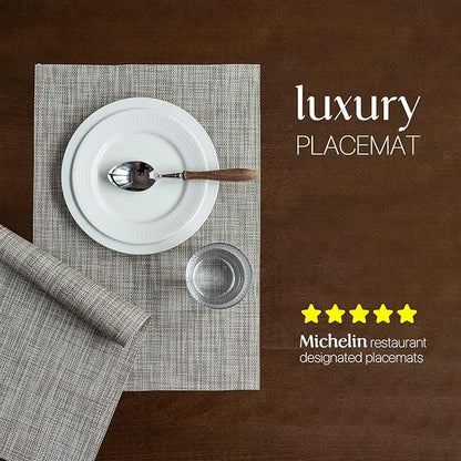 LEXMORE PlaceMats Set of 12 Vinyl/Plastic Woven Place Mats for Kitchen Table Indoor/Outdoor Washable PlaceMat Wipeable Dining Table Mats(Caramel)
