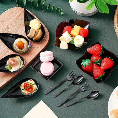 Tessco 800 Pcs Mini Appetizer Plates Set Including 400 Disposable Dessert Plates Assorted Shape 200 Mini Plastic Forks 200 Plastic Spoons for Party(Black,Classic)