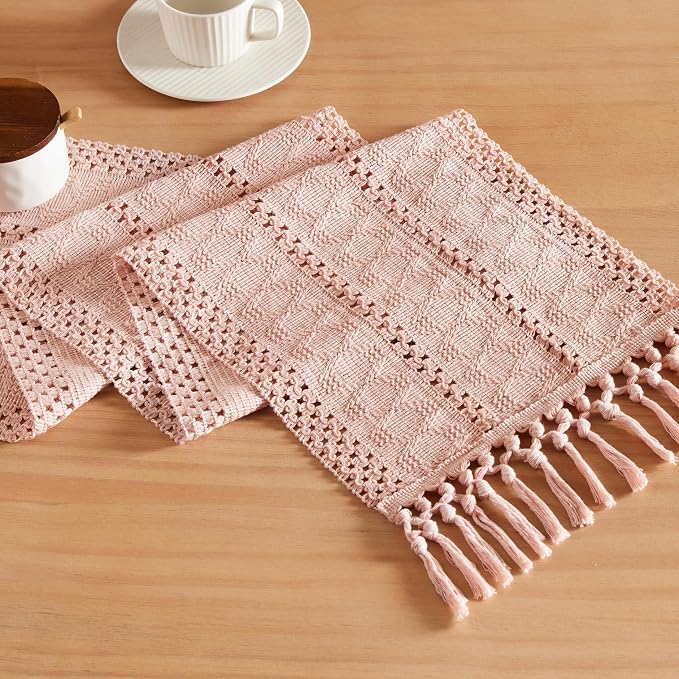 Macrame Style Boho Table Runner, 12x60 Inch Light Pink | Woven Boho Table Runner by ZEEMARTONLINE