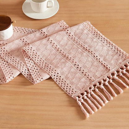Macrame Style Boho Table Runner, 12x90 Inch Light Pink | Woven Boho Table Runner by ZEEMARTONLINE